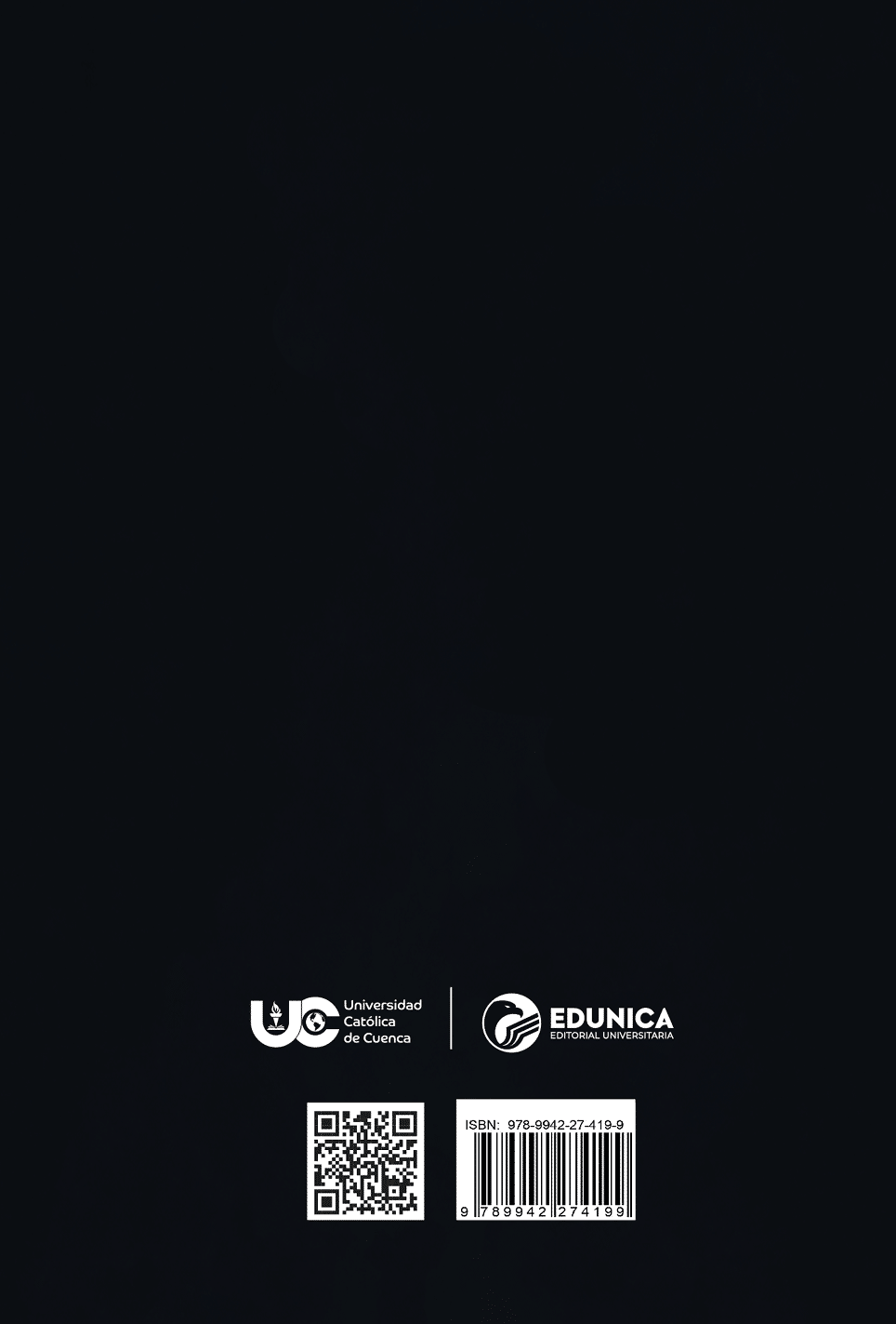 Fondo oscuro con logotipos de la Universidad Cat lica de vila y Edunica junto a un c digo QR y un c digo de barras en la parte inferior central.  Descripci n generada con IA