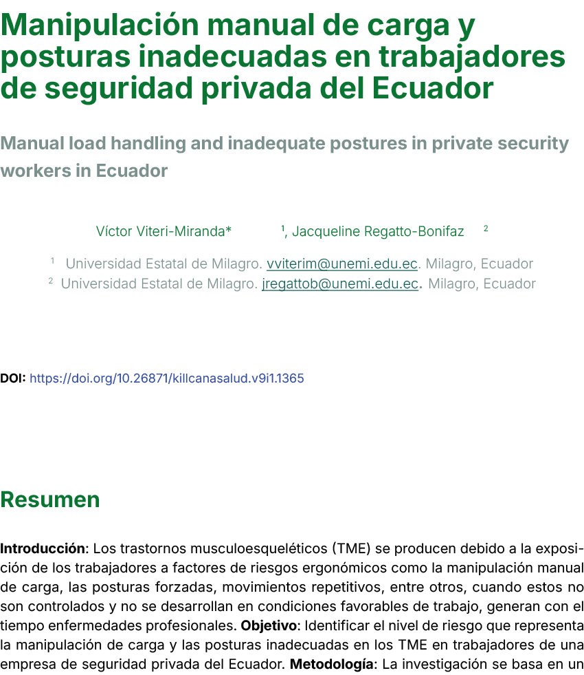 Manipulaci n manual de carga y posturas inadecuadas en trabajadores de seguridad privada del Ecuador ﻿Manual load han...