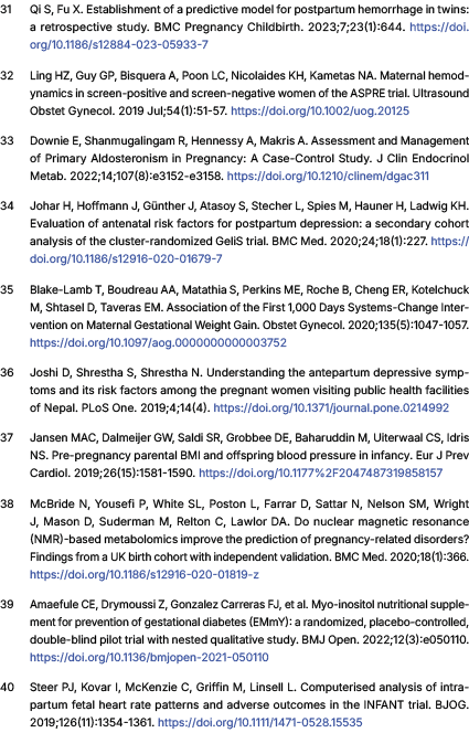  ﻿Qi S, Fu X. Establishment of a predictive model for postpartum hemorrhage in twins: a retrospective study. BMC Pre...