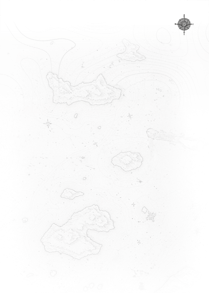 Mapa n utico en blanco y negro que muestra varias islas y formaciones rocosas con l neas de contorno y una rosa de los vientos decorativa en la esquina superior derecha. Descripci n generada con IA