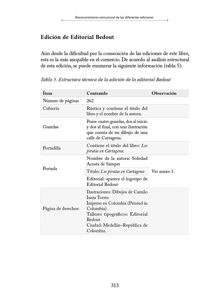 Tabla que describe las caracter sticas t cnicas de una edici n del libro Editorial Bedout incluyendo n mero de p ginas, contenido de la cubierta, contracubierta, portada, portada posterior y p gina de derechos. Descripci n generada con IA