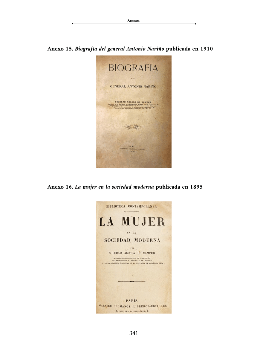 Portadas de dos libros antiguos uno titulado Biograf a y otro La mujer y la sociedad moderna con textos en espa ol y franc s publicados en 1910 y 1905 respectivamente. Descripci n generada con IA