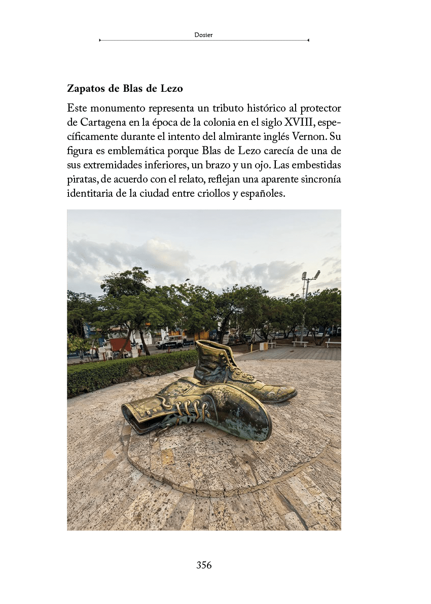 Monumento de bronce en forma de zapatos grandes ubicado en una plaza al aire libre con rboles y personas al fondo.  Descripci n generada con IA