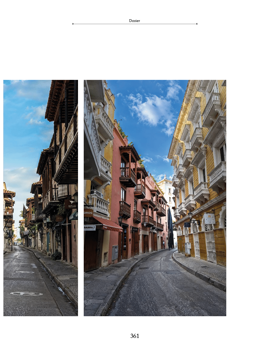 Calles estrechas y empedradas flanqueadas por edificios antiguos de colores vivos y balcones decorativos bajo un cielo azul con algunas nubes. Descripci n generada con IA